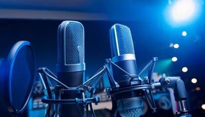 Two professional microphones with a pop filter are set up in a brightly lit studio, ready for recording audio or podcasts.