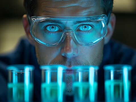 Scientist intently observing glowing liquid samples