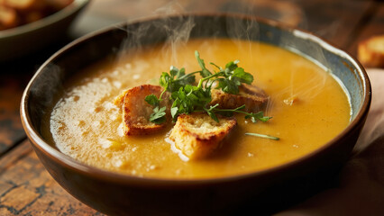 A close-up shot of a bowl of hot, flavorful soup, garnished with herbs and croutons. The steam rising from the soup indicates its warmth and freshness
