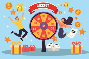 Casino and gambling. People playing fortune wheel. Winners with gift boxes, dice and giant raffle drum. Players spinning lucky wheel, hit jackpot and receive money. Woman celebrate lottery winning