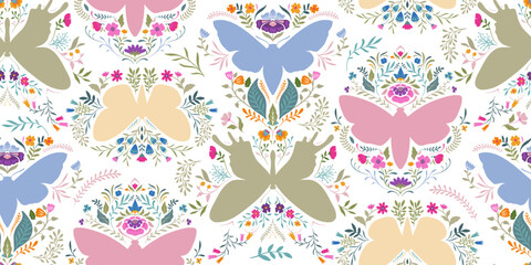 Vector seamless pattern with butterflies and flowers. Folk art floral natural endless background.