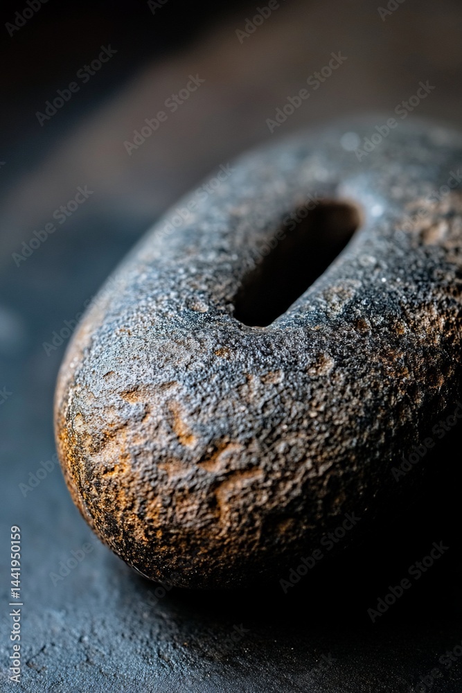 Poster close-up of a smooth, grey stone with a hole, showing texture and detail.