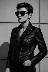 Fototapeta premium A confident woman in a sleek, black leather jacket standing in front of a modern, minimalistic concrete wall.
