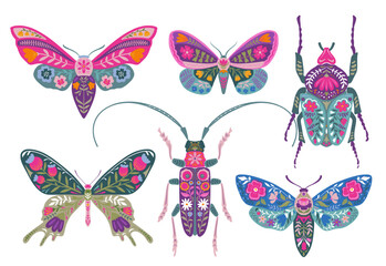 Set of six vector ornate insects, beetles, butterflies. Folk art floral posters illustrations.