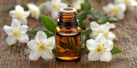 Jasmine Essential Oil Bottle Surrounded by Delicate White Flowers on a Rustic Wooden Table