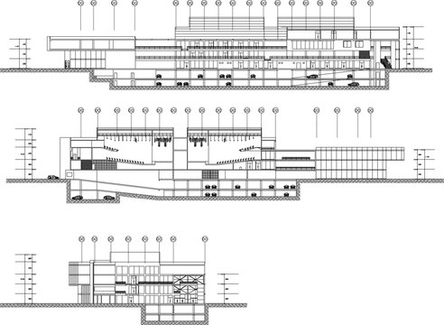 Vector sketch illustration silhouette architectural design floor plan elevation section of modern shopping center building mall supermarket multi-storey 