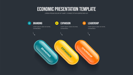 Advertising Development 3 Element Infographic Slideshow Layout. Business Review Slide Design Vector Illustration. Marketing Overview Three Step Diagram Frame Template.