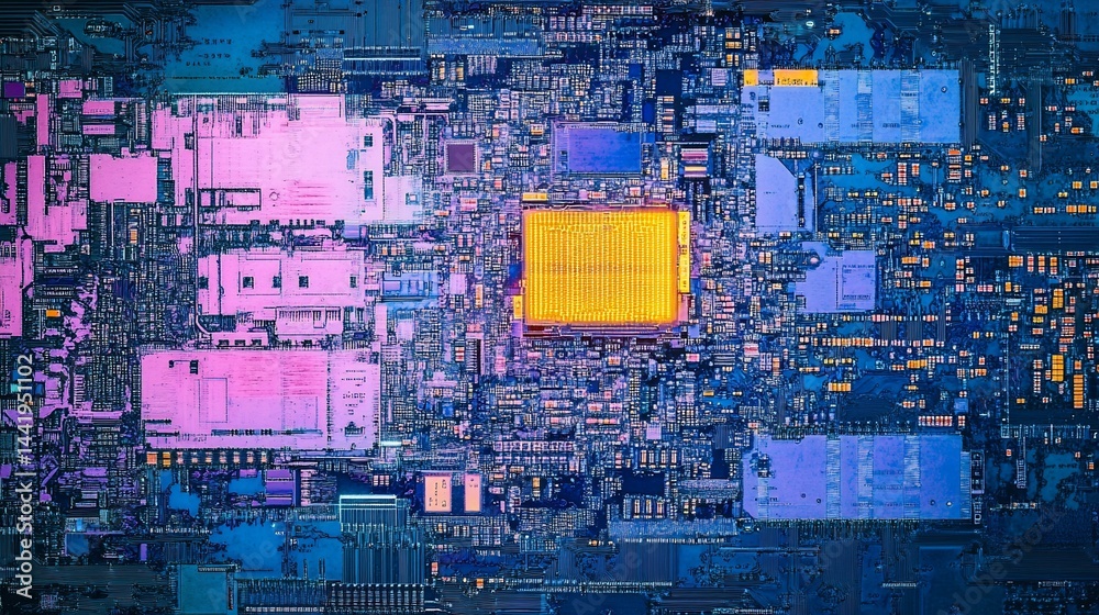 Aufkleber Close-up of a complex circuit board with vibrant colors, showcasing intricate electronic components and pathways.