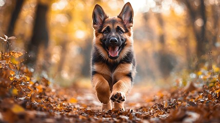 Excited german shepherd puppy running through lush green forest with bright sunlight filtering through