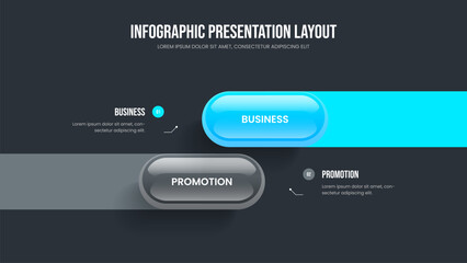 Obraz premium Creative Overview Two Option Diagram Slide Template. Market Planning Slideshow Design Vector Illustration. Consulting Solution 2 Step Infographic Frame Layout.