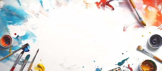 A minimal creative business scene featuring a sketchbook, paintbrush, and palette on a white background, offering a well-balanced area for copy.