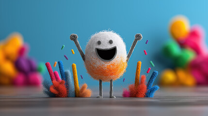 Colorful fuzzy character celebrates with joyful expression indoors