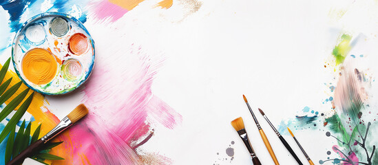 Creative studio background featuring art tools and an empty central canvas area ready for headline or branding copy