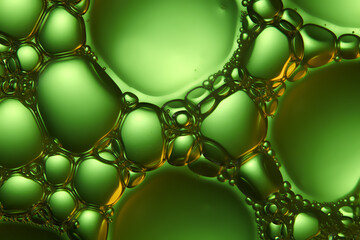 The molecular bubbles in the liquid, green and stuck together. Large bubbles fixed at the corners, while tiny bubbles rotated around them, clinging to each other to form crisscrossing chains.
