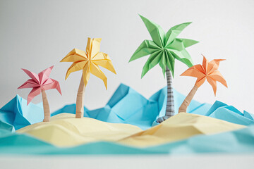Colorful Origami Beach Scene with Palm Trees and Tropical Atmosphere