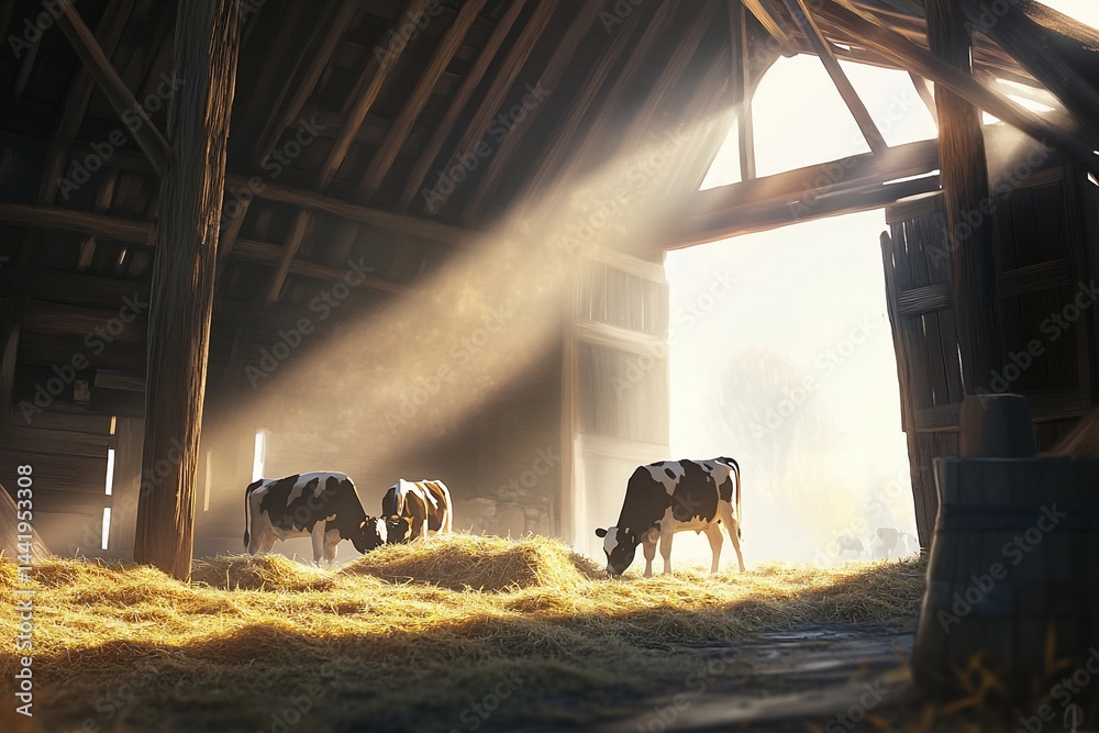 Poster Sunbeams illuminate three cows grazing on hay in a rustic barn.