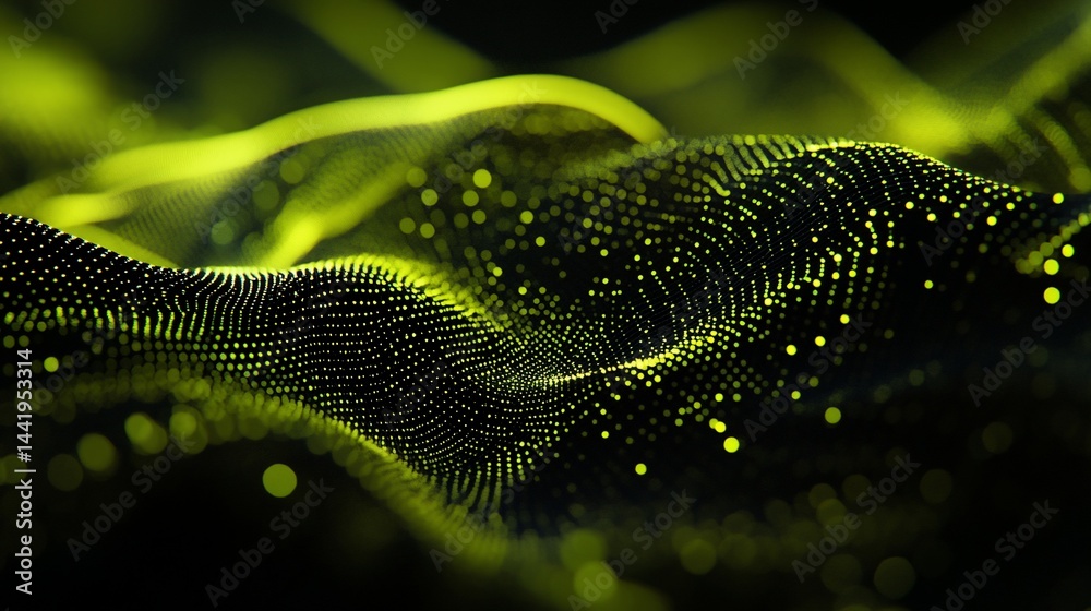 Poster abstract green particle wave, glowing in dark background.