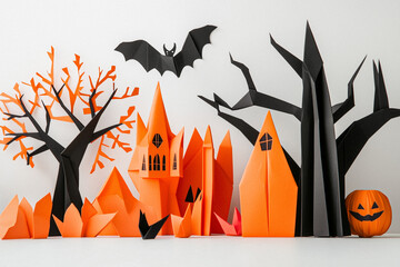 Origami Halloween Scene with Pumpkins and Haunted Houses