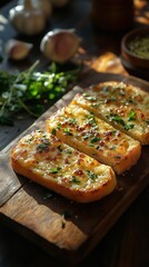 Slices of garlic bread resting on wooden cutting board