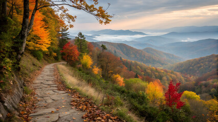 Majestic misty mountainside trail leads to breathtaking vistas of autumnal forests and scenic vistas in Tennessee's Great Smoky Mountains National Park near Gatlinburg.
