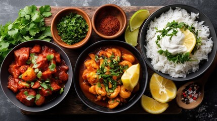 Traditional indian food displayed on a wooden board, featuring basmati rice, curry dishes, and fresh herbs