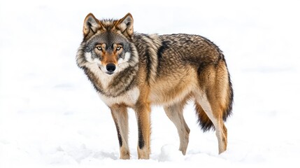Obraz premium A wolf in its thick winter coat, standing against white