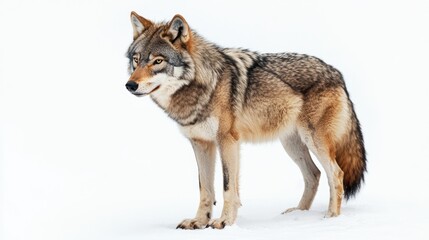 Fototapeta premium A wolf in its thick winter coat, standing against white