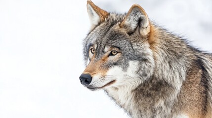 Obraz premium A wolf in its thick winter coat, standing against white