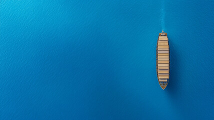 Aerial view of large cargo ship navigating through deep blue waters, showcasing its vastness