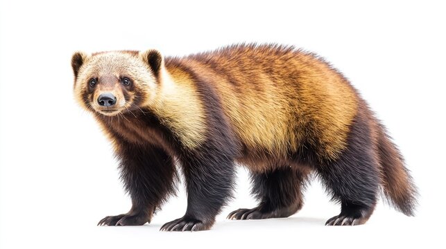 A wolverine standing with thick fur, on a white background