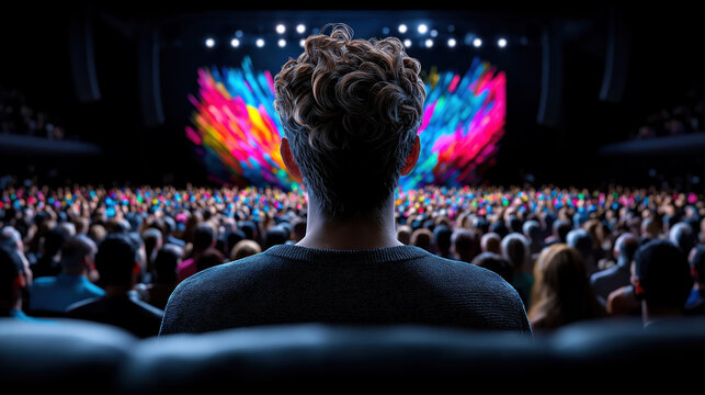 Crowd watches vibrant performance at a theater in the evening