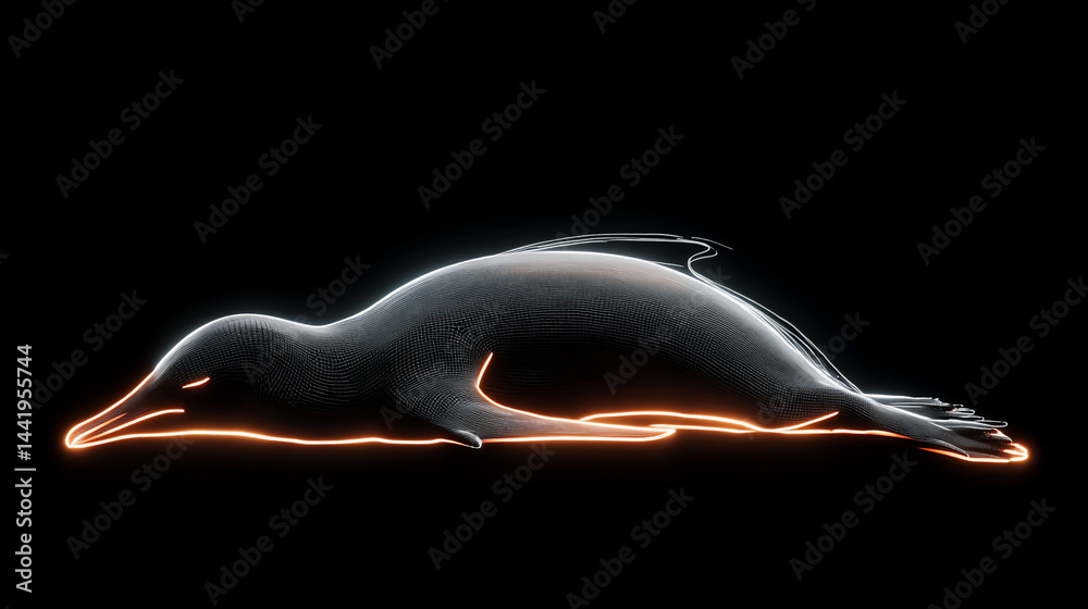 Poster Wireframe rendering of a penguin lying down on a black background, illuminated with orange neon lines.