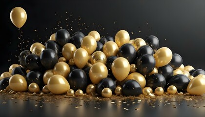 Naklejka premium A stunning scene of black and gold balloons, complete with confetti, creating a celebratory vibe.