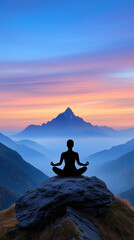 Obraz premium Meditation at sunrise with mountains in the background