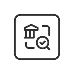 Bank Search with Check Mark – Verified Financial Institution or Approved Account Icon