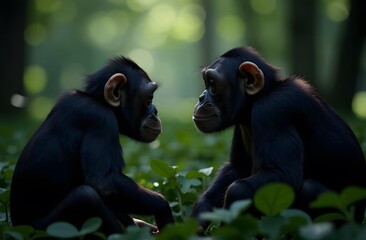 The chimpanzees look at each other