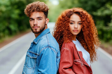 A man and a woman standing next to each other on a road
