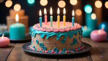 A colorful birthday cake with lit candles, perfect for a festive and joyous celebration.