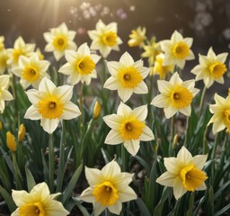 Fototapeta premium Close-up of cheerful daffodils, petals unfurling, vibrant spring scene, light, botany, golden