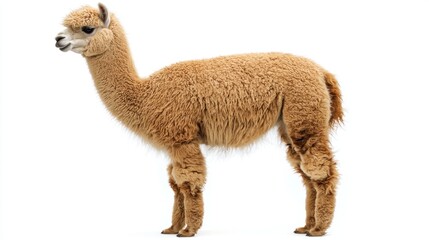 Fototapeta premium An alpaca standing with soft fur, against white