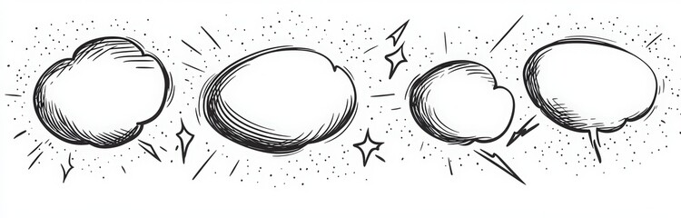 doodle comic elements set with speech bubbles, explosion clouds, lightning bolts, and cartoon words like bam on white background. vector hand-drawn symbols in simple style