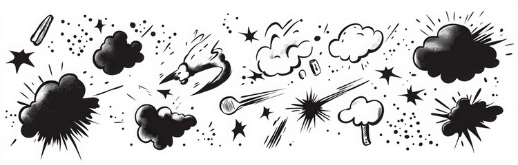 doodle comic elements set with speech bubbles, explosion clouds, lightning bolts, and cartoon words like bam on white background. vector hand-drawn symbols in simple style