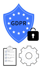 Blue shield with GDPR text and stars, black lock, checklist with marks, and gear icon. Ideal for data protection, privacy, legal compliance, cybersecurity, regulations governance simple landing