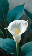 A white calla lily stands prominently in front of lush green leaves, showcasing its elegant shape and color contrast
