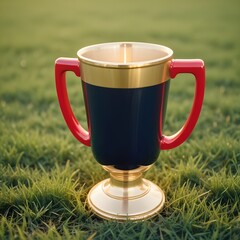 A shiny trophy cup placed on a patch of green grass, symbolizing achievement and victory