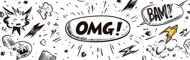 doodle comic elements set with speech bubbles, explosion clouds, lightning bolts, and cartoon words like bam on white background. vector hand-drawn symbols in simple style