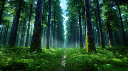 Obraz premium Lush green forest path illuminated by soft morning light