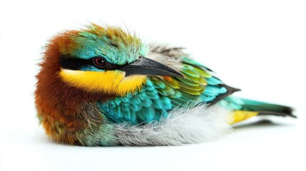 Fototapeta premium A bee-eater bird resting, with bright colorful feathers, on white