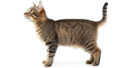 A Bengal cat standing with its striped fur, isolated on white