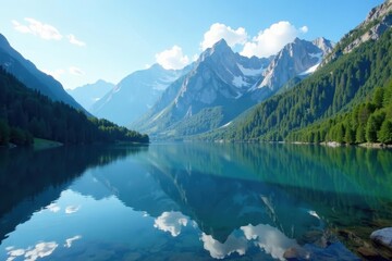 Serene mountain lake, clear water, majestic peaks, serene, blue